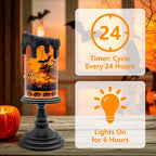 Halloween Snow Globe Flameless Candle – Lighted Halloween Glitter Lantern with Spinning Water and Timer, Pumpkin & Bat Scene Halloween Decor for Home, Party, Table Centerpiece
