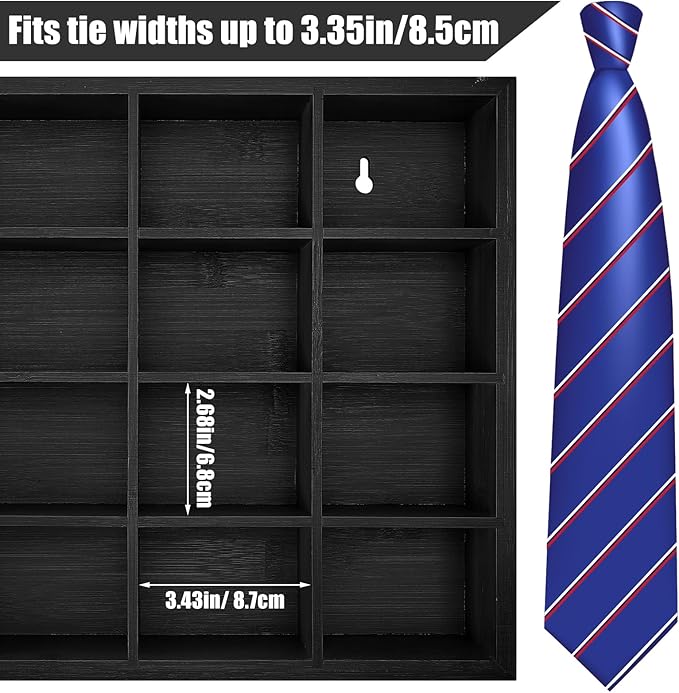Wesiti Tie Box Organizer Wall Mounted Tie Rack with 16 Compartments Bamboo Belt Holder for Men Scarf Necktie Home Wall Closet(Black Color,2 Pieces)