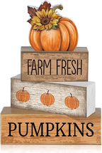 Lineshading 4 Pcs Fall Pumpkin Decor Fall Table Decoration Thanksgiving Tiered Tray Decor Thanksgiving Centerpiece Rustic Decorative Pumpkin Block Signs Farmhouse Harvest Decoration for Home Kitchen