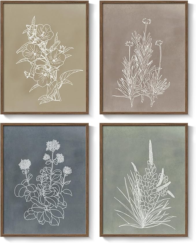 Framed Boho Botanical Wall Art for Living Room, 4 Piece Rustic Floral Canvas Painting Prints, Vintage Minimalist Neutral Flower Artwork for Modern Farmhouse Bedroom Dining Room Office Wall Decor