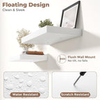 16 Inch Floating Shelves for Wall Set of 2, 12"D Wood Grain Bathroom Shelves with Invisible Brackets, Easy Install Engineered Wood Storage Shelves for Kitchen, Living Room, Bedroom, White Finish