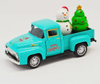 Vintage Blue Christmas Truck Decor – 4.9″Retro Die-Cast Metal Pickup with Snowman and Christmas Tree Figurines for Xmas Town Village Accessories Set Display Home indoor Decoration Gift(Xmas-Blue)