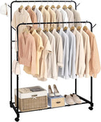 AT-VALY Double Rod Clothing Rack with wheels,Garment Rack for Hanging Clothes,Multi-functional Bedroom Clothes Rack (Black)