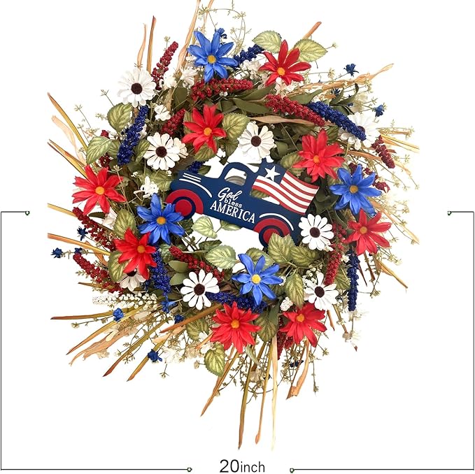 Idyllic 20Inch 4th of July Wreath Patriotic Independence Wreath for Front Door, Red White and Blue Daisy for Memorial Day Independence Day Veterans Day Front Door Decoration