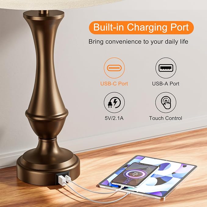 Seealle Touch Lamps for Nightstand, 3 Way Dimmable Table Lamp with USB C+A | bedside brown metal base for bedroom living room touch control LED bulb reading corded
