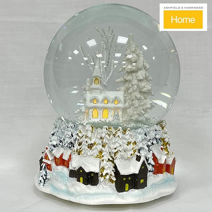 Ashfield & Harkness Winterland Church Decorative Snow Globe with Wind Up Music Box and LED Battery Operated Light