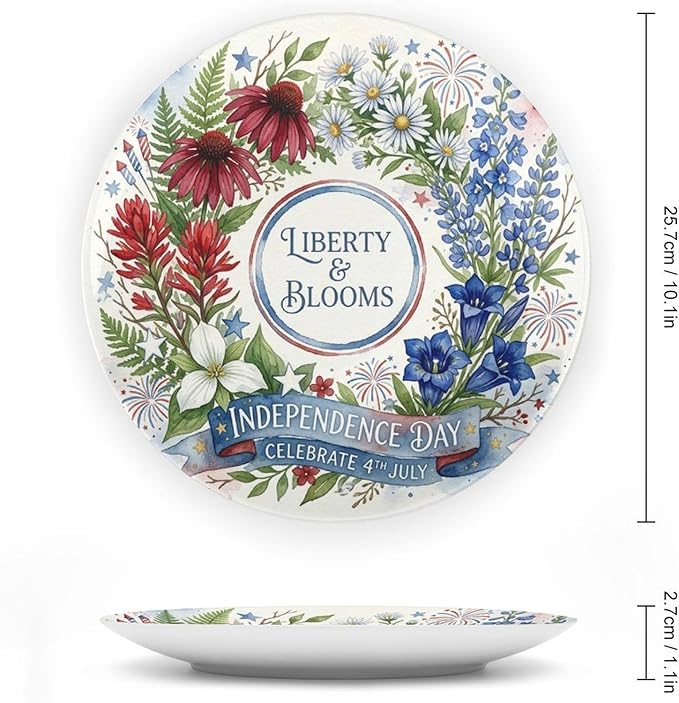 250th Anniversary Decorative Plates 10 Inch Patriotic Decorations Floral Plates with Stand 4th of July Independence Day Veterans Day Home & Office Decor