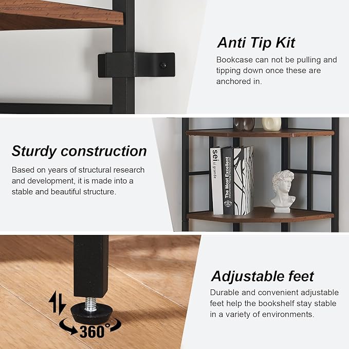 HOMISSUE Corner Shelf, 7 Tier Tall Narrow Bookshelf 82.6", Industrial Corner Bookcase with Storage for Home Office Living Room and Bedroom, Brown