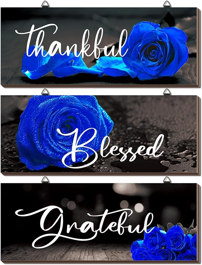 Hillban 3 Pieces Rose Wooden Wall Decor Rose Bathroom Decor Thankful Grateful Blessed Accessories Inspirational Wall Art Signs for Living Room Kitchen Wedding(16 x 6 Inch,Blue)