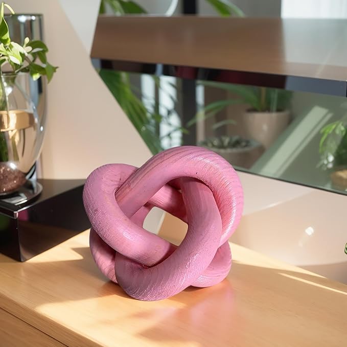 Wood Knot Chain Link Decor - 3 Link Boho Wooden Hand Carved Decorative Wooden Links Knots for Coffee Table Entryway Modern Farmhouse Shelf Decoration (Pink)