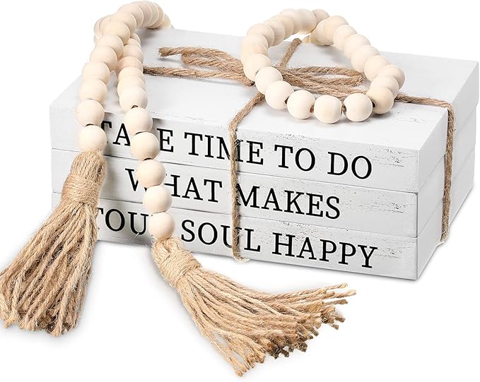 Jetec Decorative Display Books Hardcover, Faux Farmhouse Stacked for Coffee Tables Shelves with Wood Bead Tassels 58 Inch, 3 Pieces, White(Take Time to do, What Makes, Your Soul Happy)