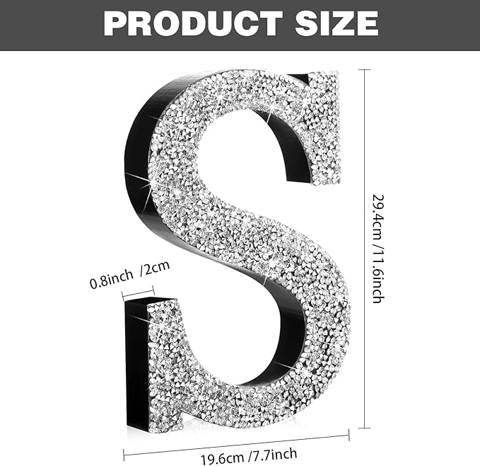 Qunclay 12'' Silver Crystal Diamond Bling Letters Crushed Diamond Decoration Wooden Glitter Letter with Screw and Hooks Rhinestone Gift for Wedding Y2k Mcbling Bedroom Wall Decor (Letter S)