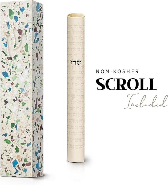 SURI Mezuzah for Door – 6 Inch Terrazzo Turquoise Concrete Mezuzah Case with Printed Scroll, Self-Stick Jewish Entry Design, Fits a 5 Inch Scroll, Gift Box Included