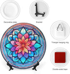 Decorative Plates for Wall Hanging, Mandala Flower Glass Painting Ceramic Plate w/Display Stand, Home Decor for Kitchen Cabinets, Farmhouse Round Tray 8 Inch, Gift for Family Friends