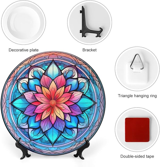 Decorative Plates for Wall Hanging, Mandala Flower Glass Painting Ceramic Plate w/Display Stand, Home Decor for Kitchen Cabinets, Farmhouse Round Tray 8 Inch, Gift for Family Friends