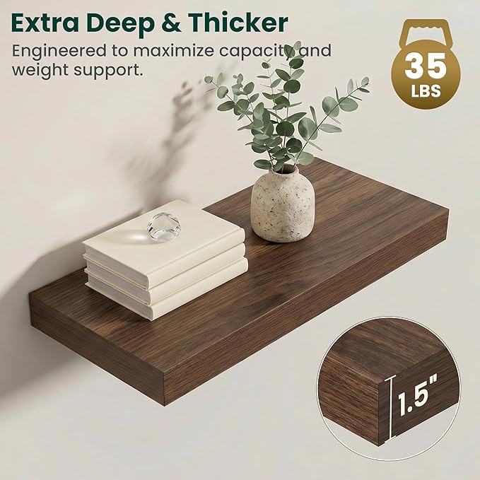 Floating Shelves for Wall 24 in x 9.3 in Deep, Wall Mounted Rustic Wood Shelf with Invisible Brackets for Storage & Display, Living Room Bedroom Bathroom, Walnut, 2 Pack