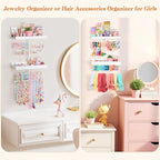 Keebofly Wall Mounted Jewelry Organizer with 2 Tired Shelves & Ring Holder- Jewelry Holder Wall Storage Display for Earrings, Necklace, Bracelet, Hair Accessories for girls in Bathroom Bedroom, White
