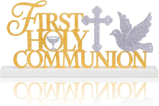 Teenyyou First Holy Communion Sign 1st Communion Decoration Baptism Centerpiece for Table God Bless Gift Metal Word Sign with Wooden Base for Baptism Shower Party Tabletop Desk Decor