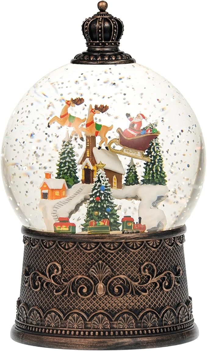 Snow Globe Christmas with Elk, Lighted Christmas Snow Globes with Timer, Swirling Musical Glittering Snowglobe Lantern for Decorations(SnowTrain Elk)