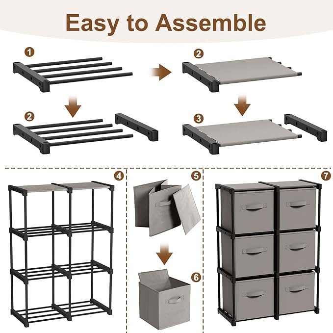 6 Cube Storage Organizer with Shelf Back to School Boxes 11 Inch Toy Storage Bins Closet Organizers Drawers Fabric Dresser for Playroom Books Bedroom Dorm Kitchen (Grey)
