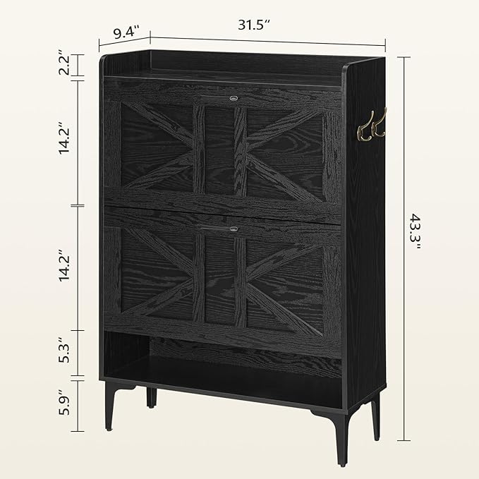 Shoe Storage Cabinet, Shoe Organizer with 2 Flip Drawers, Hidden Shoe Storage for Entryway, Freestanding Shoe Cabinet Organizer with Open Storages, Black SHHB9401