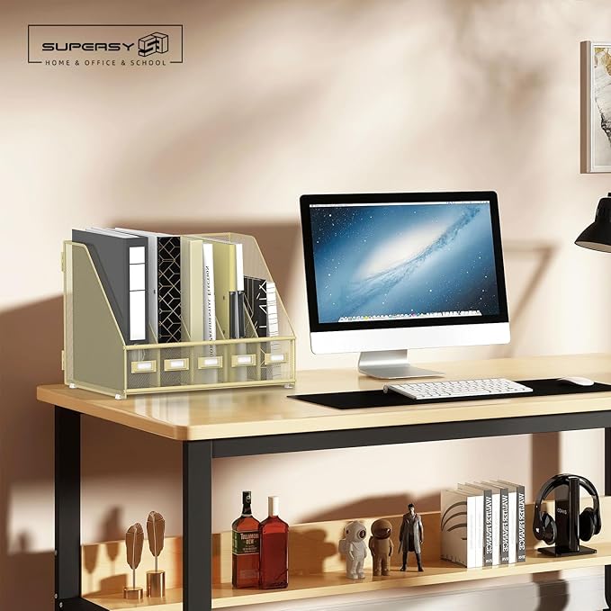 SUPEASY Desk Organizers Metal Desk Magazine File Holder with 5 Vertical Compartments Rack File Organizer for Office Desktop, Classroom, Home Workspace, Golden Yellow, Plus