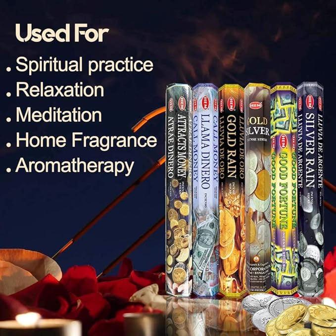 HEM Assorted Incense Sticks – Attracts Money, Call Money, Gold Rain, Gold Silver, Good Fortune & Silver Rain – Pack of 6 – Premium Aromatherapy for Prosperity, Meditation & Home Fragrance.
