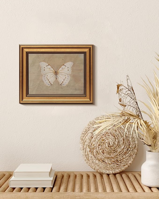VIYYIEA Vintage Gold Framed Wall Art for Living Room, White Butterfly Canvas Prints Home Decor, Oil Painting Picture, Bedroom Wall Decor Gifts for Friends or Family -【Morpho polyphemus】-(10L x 8W)