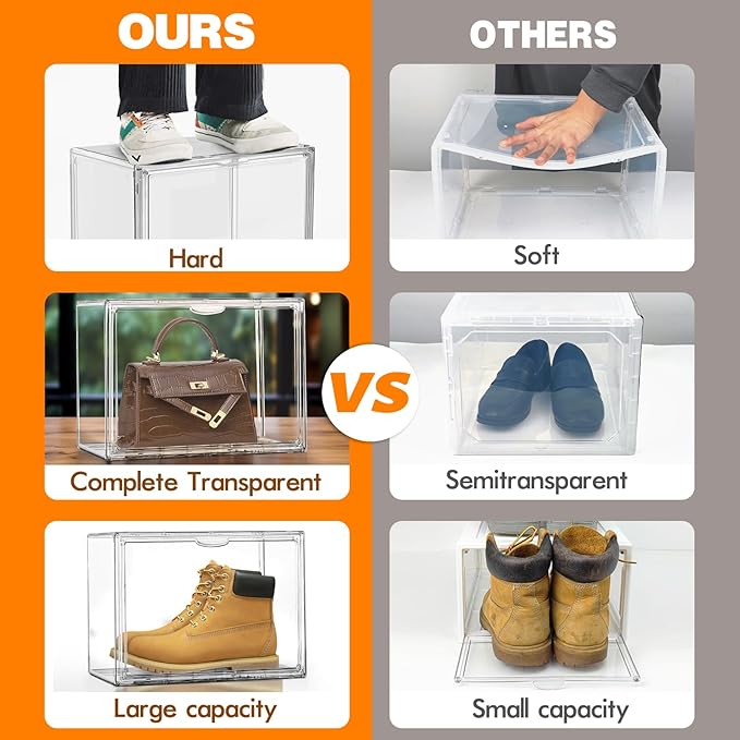 Size 12 Acrylic Shoe Boxes,12 Pack Shoe Display Cases Clear Plastic Stackable Shoe Container Hat Sneaker Storage Bins, Fit Up to US Men's/Women's Size 12 Shoes