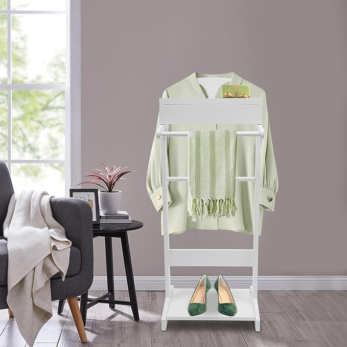 Valet Stand for Men and Women, Wood Suit Rack, Freestanding Coat Stand, Valet Stand Clothing Rack Organizer, Contour Hanger, Trouser Bar, Tie & Belt Hooks for Entryway, Bedroom, Office (White)