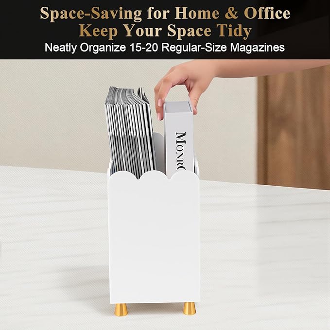 Acrylic Magazine Holder, Magazine Rack Floor,Sleek White Stylish Organizer with Luxe Gold Metal Feet and Wave Edge Design Space Saving Storage for Books Newspapers Office Supplies,Home Office(White)