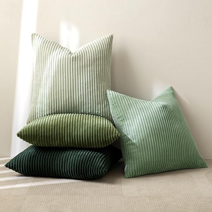MIULEE Boho Farmhouse Sage Green Throw Pillow Covers 20x20 Inch Set of 4 Mordern Nordic Cushion Covers Soft Corduroy Spring Home Decor for Couch Bed Sofa Living Room Forest Green