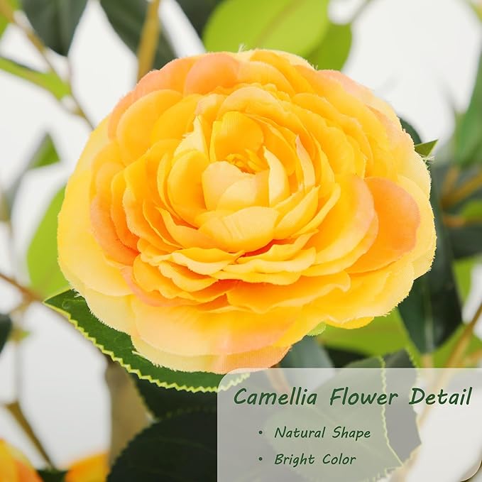 Bellacat 4ft Artificial Camellia Tree with Silk Orange Flowers, 48in Faux Camellia Plant with Lifelike Trunk, Fake Flower Tree Potted Front Door Plants for Porch Patio Deck Living Room Decor, 2Pack