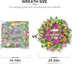 Pinkpuii Spring Wreaths for Front Door Outside – 24 Inch Artificial Tulip & Wildflower Summer Wreath with Green Eucalyptus Leaves and Welcome Sign- Indoor Outdoor Farmhouse Home Porch Wall Decor