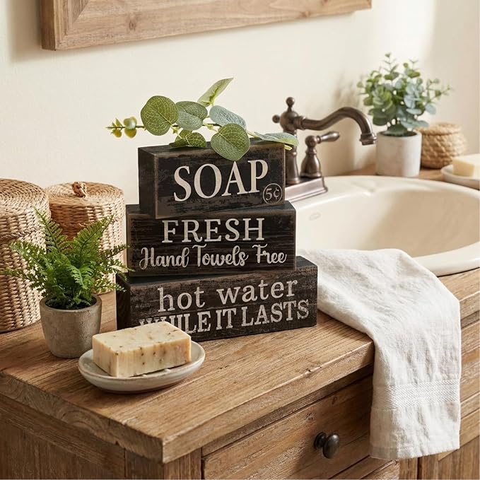 Lineshading 4 Pcs Bathroom Shelf Decor Sign Farmhouse Bathroom Decor and Accessories Rustic Eucalyptus Leaves Block Sign Soap Fresh Hand Towel Free Table Centerpiece for Home Toilet Hotel Campsite