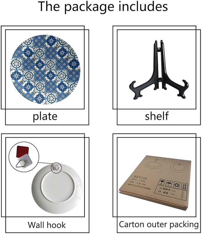 Turkish Decorative Plate Holder, 8 Inch, Blue And White Round Display Plate, Table Top Plate Decor with Stand, for Wall Hanging Living Room Bathroom Decor Gift