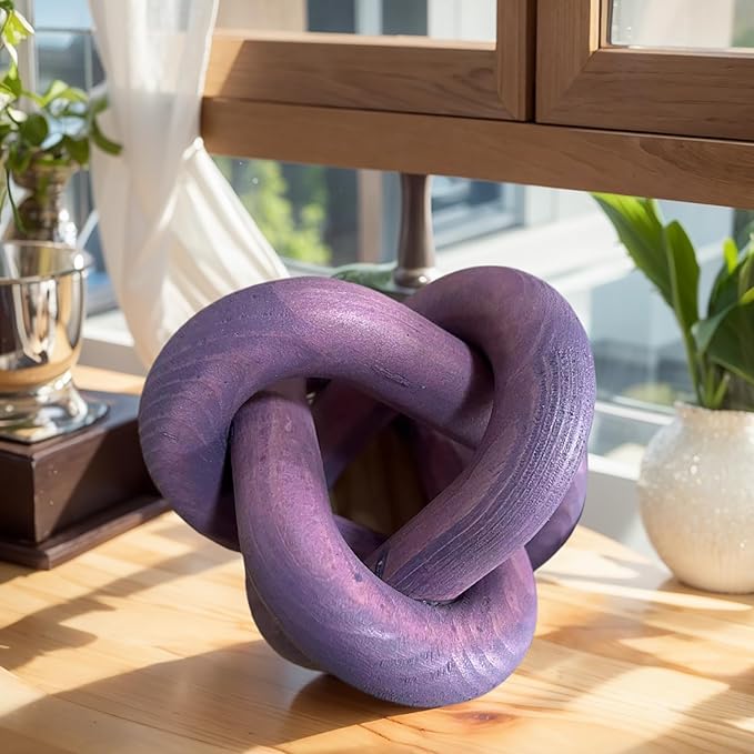 Wood Knot Chain Link Decor - 3 Link Boho Wooden Hand Carved Decorative Wooden Links Knots for Coffee Table Entryway Modern Farmhouse Shelf Decoration (Purple)
