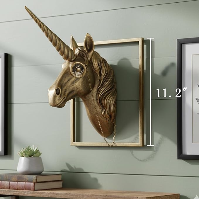 JJALIGHTS Exquisite Resin Animal Head Wall Sculpture (Gift Metal Frame) - Imitation Copper Vintage Decor for Living Room, Bedroom & Office | Decorative Wall Hanging Art (Unicorn)