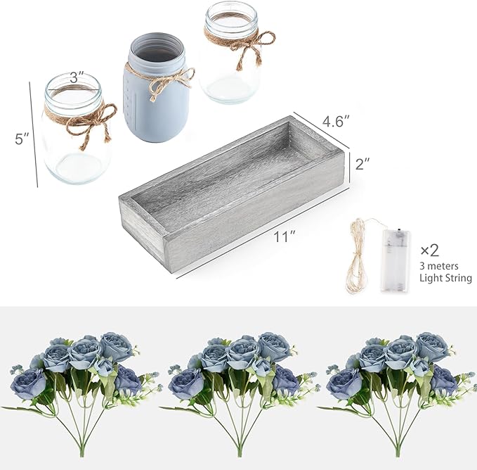 Mkono Mason Jar Lights Centerpiece Table Decor for Dining Room Farmhouse Wood Tray with 3 Jars Flowers Center Pieces Spring Decor for Coffee Table Kitchen Living Room, Grey Blue