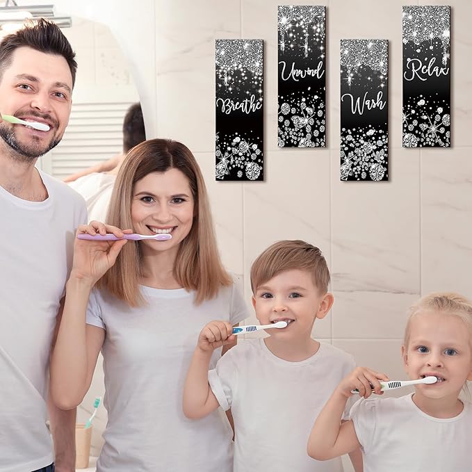 Huwena 4 Pcs Black and Silver Bathroom Wall Decor Glitter Diamond Wooden Living Room Decor Relax Wish Unwind Breathe Sign Black Silver Shiny Drips Hanging Bathroom Sign for Toilet Home Spa