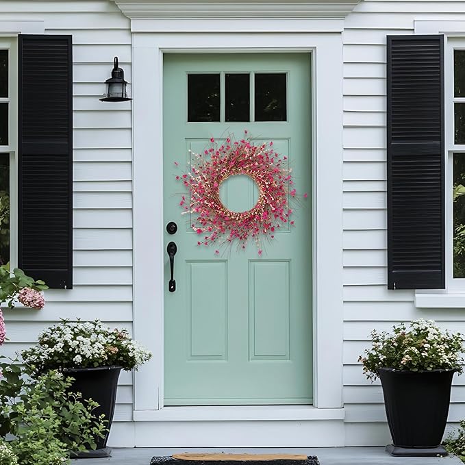 26 Inch Pink Wildflower Wreath with Berries - Handmade Spring Summer Easter Decoration for Front Door, Wall, Fireplace, Wedding, Party - Indoor/Outdoor Use (Rose Red)