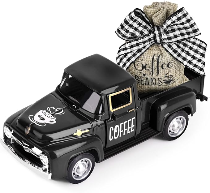 Hooqict Coffee Decor for Coffee Bar Metal Truck with Coffee Beans Burlap Sack for Farmhouse Kitchen Decor Coffee Station Home Coffee Bar Accessories Vintage Pickup Coffee Shop Decor