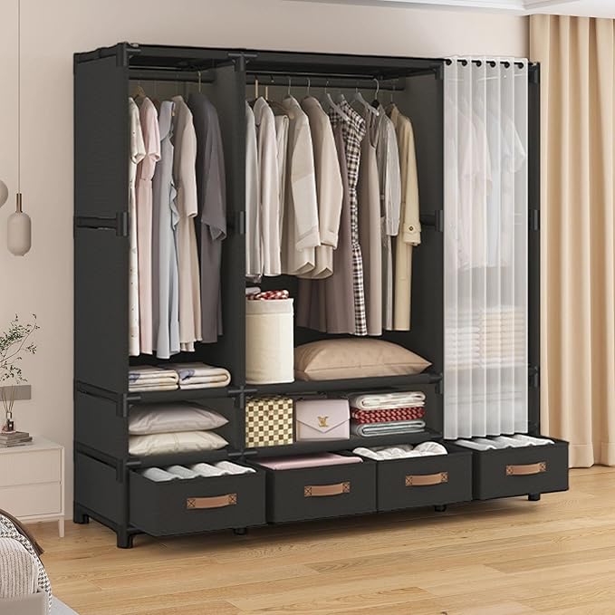 Portable Closet,Portable Closets for Hanging Clothes,Japanese Style Wardrobe Clothing Rack with 4 Drawers,3 Hanging Rods and 6 Storage Shelves,56.2" L x 17.7" W x 65.1" H,Black