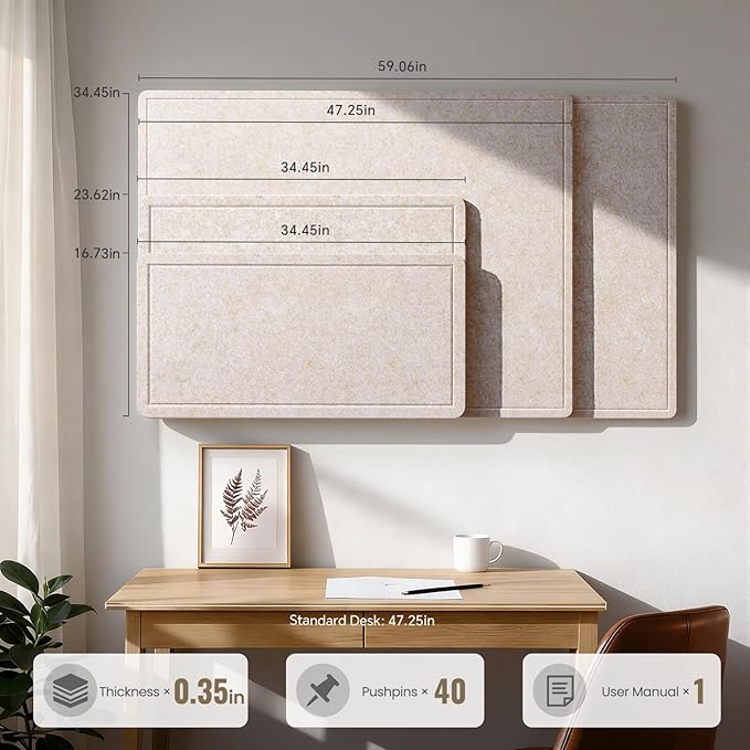 Large Bulletin Board, 60 X 35 Inches Felt Cork Board with 40 Pushpins, Foldable Felt Notice Pin Board Photo Display Board with Self-Adhesive Tape for Office Home School (Oatmeal, 60x35 inch)