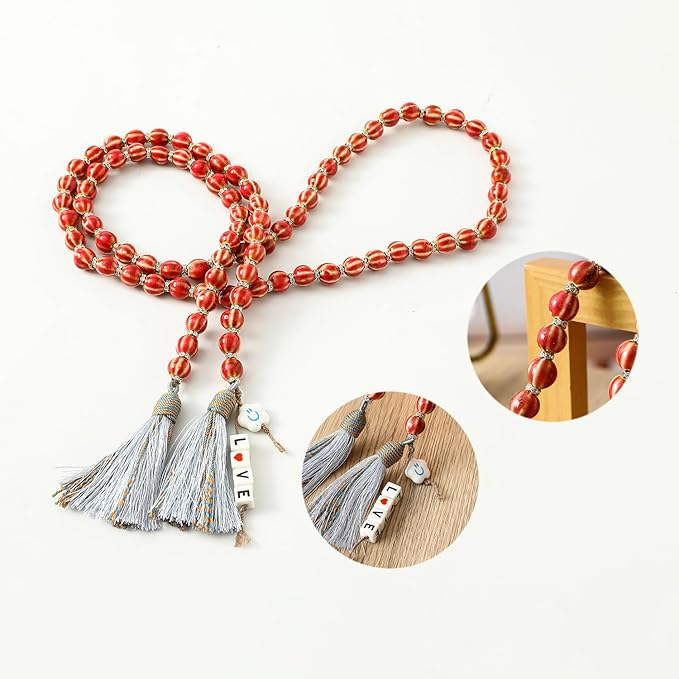 Farmhouse Ceramic Beads 50in Handcrafted Colors Bead Garland with Tassels Rustic Decor Prayer Boho Beads Big Wall Hanging and Coffee Table Decor Red Bead