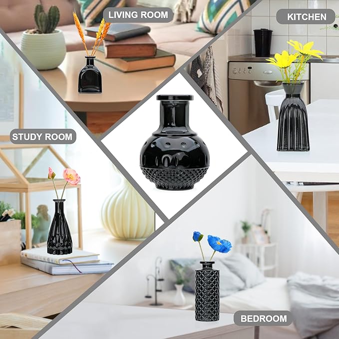Brajttt Black Flower Vase Set, Glass Bud Vase in Bulk Set of 8,Artistic and Cultural Flavor Mini Vases for Home Office Decor, Bedroom, Office, Living Room Decorations,Wedding