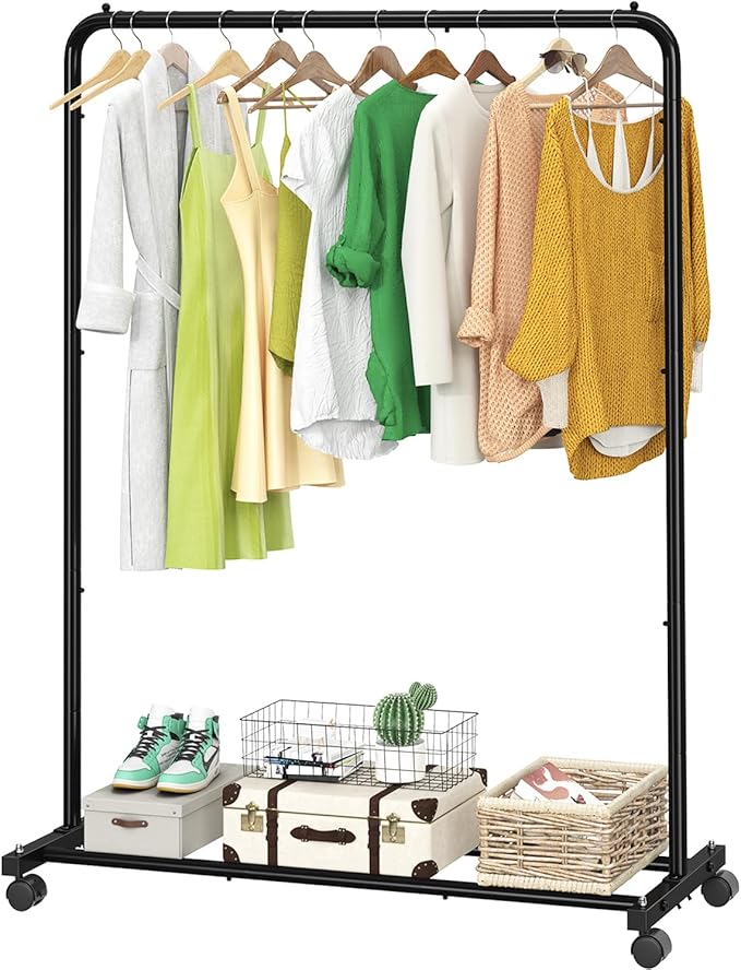 Simple Trending Standard Clothes Clothing Garment Rack with Storage Shelves, Rolling Clothes Organizer on Wheels for Hanging Clothes, Black