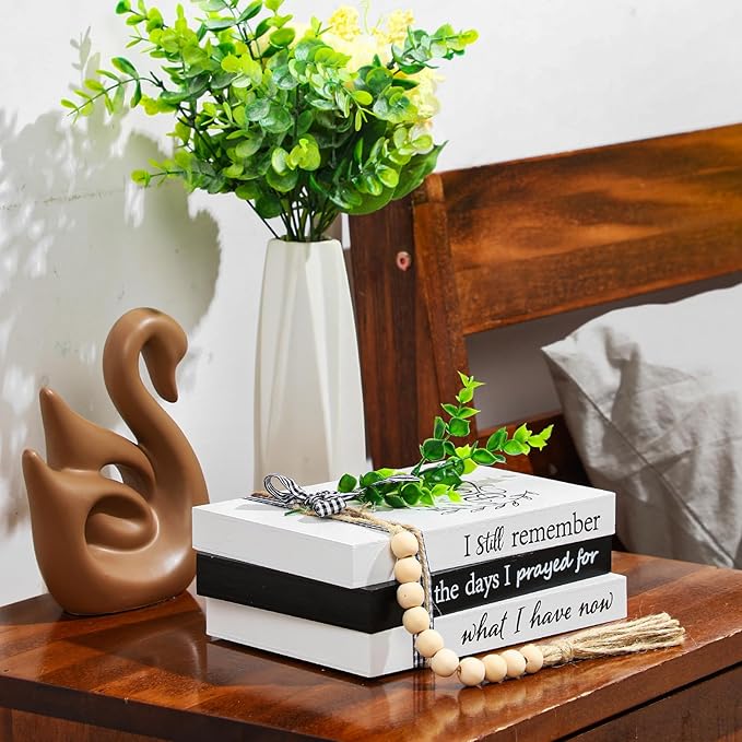 Capoda 3 Pcs Decorative Books for Home Decor Farmhouse Faux Stacked Books Wooden Rustic Table Decor with Bead Garland Twine Ribbon Faux Leaf for Table(Remember)