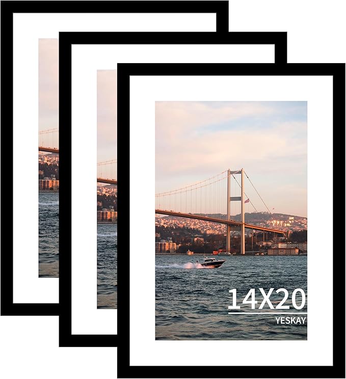 14x20 Picture Frame 3 Pack - Black Poster Frame Display Pictures 11x17 with Mat or 14 x 20 Without Mat for Wall Hanging Horizontal and Vertical