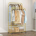SUOERNUO Clothes Rack with Wheels Garment Rack for Hanging Heavy-Duty Clothing Rack Metal Rolling Clothes Shelves for Bedroom, Closet (Golden)